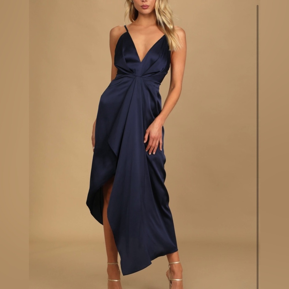Lulus Navy Blue Satin Ruffled Midi Dress